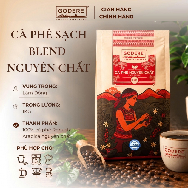 GODERE Cà phê Blend Sạch nguyên chất 1KG, Nguyên hạt/bột rang xay thơm đậm vị 