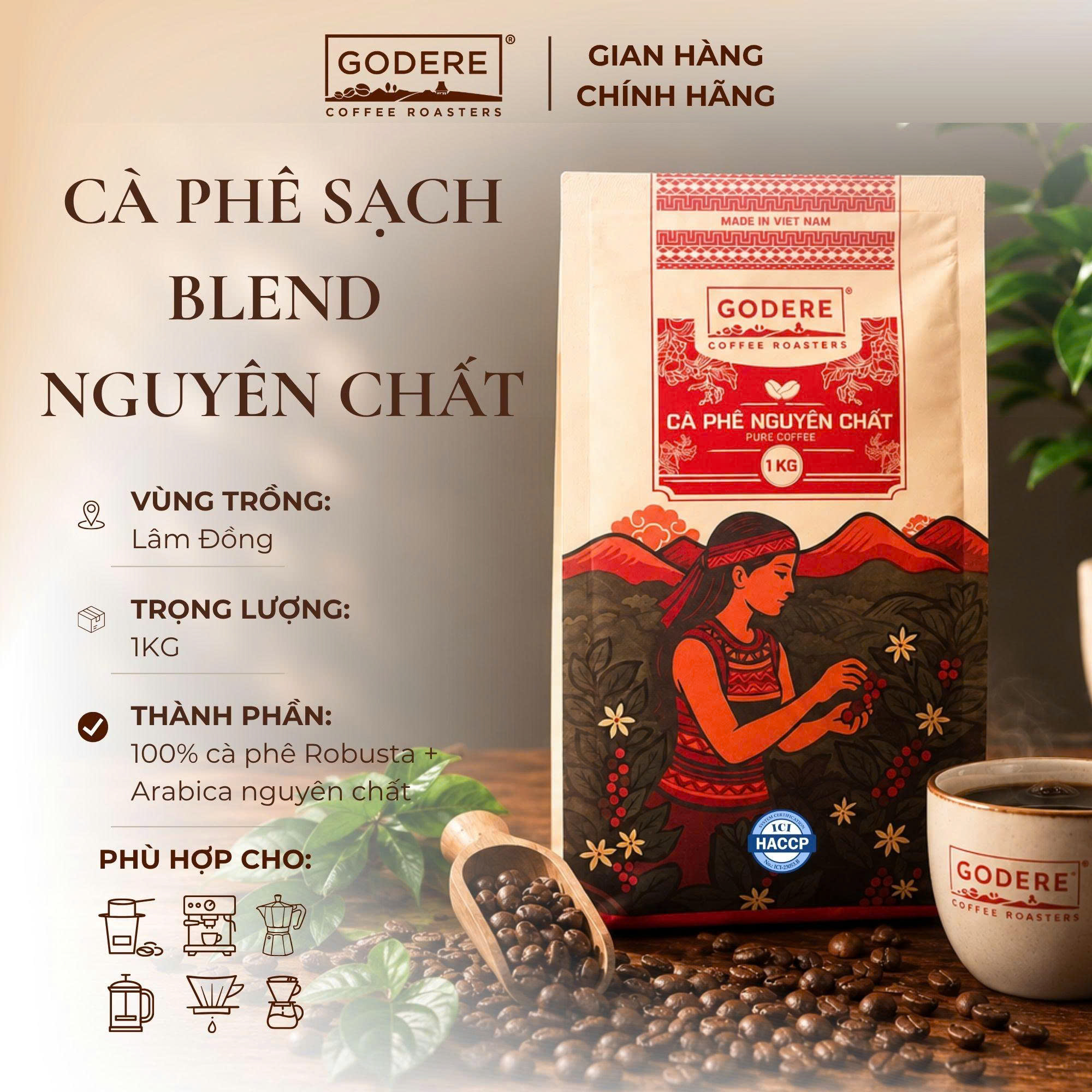 GODERE Cà phê Blend Sạch nguyên chất 1KG, Nguyên hạt/bột rang xay thơm đậm vị 